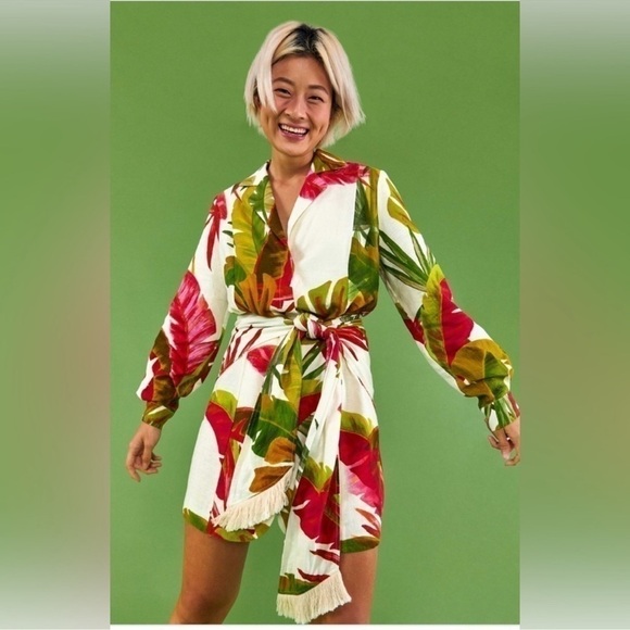FARM Rio Spring Forest Floral Front Wrap Long Sleeve Shirt Mini Dress NEW Small - Picture 5 of 14